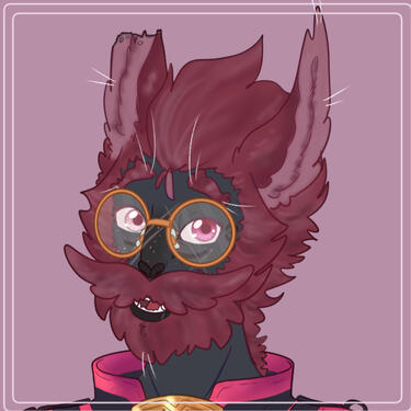 An image of an old Keeper of the moon Miqo'te. He has dark skin, pink freckles, dark pink hair and a glorious curled moustache. He is wearing glasses and his right (viewers left) ear is missing the tip.