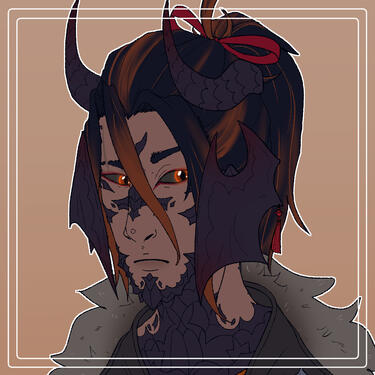 An image of a stoic Xaela Au ra man looking to the right. He has two sets of horns; an upwards-curled set on the top of his head, and a larger, bat-wing shaped set curling around his face and taking the place of his ears. His hair is black with orange high