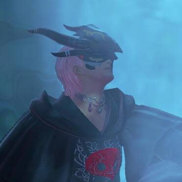 An image of a masked Hyur with pink hair staring at the sky. They are wearing jewellery and a black robe, marking them as an Ancient, and are surrounded by fog.